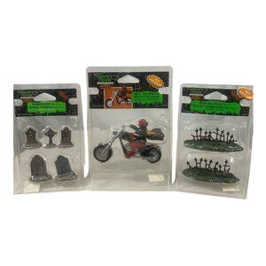 SPOOKY TOWN LEMAX lot of 3 grave stones devil on a bike fencing